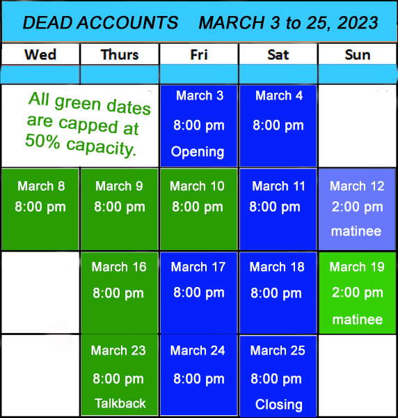 "Village Players" "Bloor West Village Players" "Village Playhouse" "Runnymede theatre" theatre theater "community theatre" "Dead Accounts" "Theresa Rebeck" "Cliona Kenny" "Neil Cameron" "Maureen Lukie" "Dany Savard" "JeN Hashimoto" "Candice McIndoo"