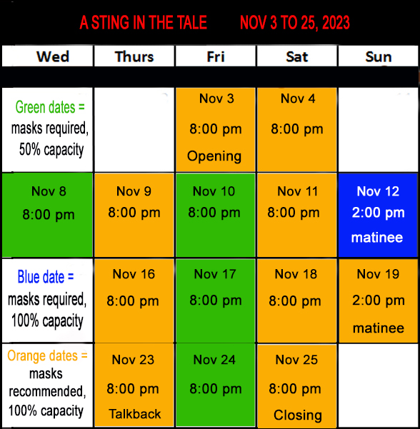 "Village Players" "Bloor West Village Players" "Village Playhouse" "Runnymede theatre" theatre theater "community theatre" "2023-24" “Sting in the Tale” “Brian Clemens” "Katherine Bignell-Jones" “Richard Hoffman” “Nigel Forbes” “Daryl Ledwon” “Max Goodman“ “Ann Forbes” “Sue Marenick“ “Jill Prentice” “Eli-Bella Wood“ “Christopher Bugg” “Detective Inspector Berry“ schedule