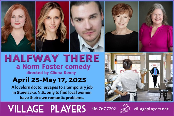"Village Players" "Bloor West Village Players" "Village Playhouse" "Runnymede theatre" theatre theater "community theatre" "2024-25" “Halfway There” “Norm Foster” “Cliona Kenny” Janine, "Rebecca De La Cour", Sean, "Damien Gulde", Rita, "Nicole Fairbairn", Vi, "Lynn Oldershaw", Mary-Ellen, "Sue Marenick"