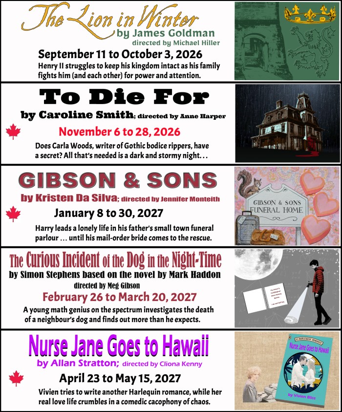 "Village Players" "Bloor West Village Players" "Village Playhouse" "Runnymede theatre" theatre theater "community theatre" "2026-27" “Lion in Winter” “James Goldman” “Michael Hiller” “To Die For” “Caroline Smith” “Anne Harper” “Gibson & Sons” “Kristen Da Silva” “Jennifer Monteith” “The Curious Incident of the Dog in the Night-Time” “Simon Steven” “Mark Haddon” "Meg Gibson" “Nurse Jane Goes to Hawaii” “Allan Stratton” “Cliona Kenny”